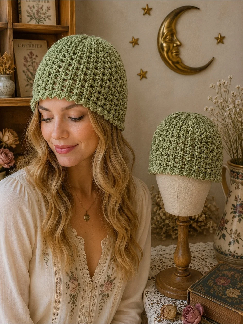 Handmade Crochet Sage Beanie Adult Small Teen Stretch Knit Hat Boho Cottagecore
